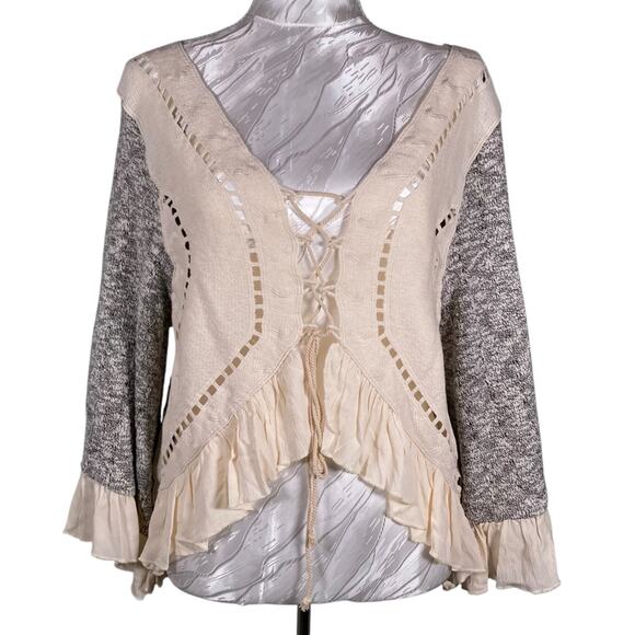 Sage Tops - NWT Sage Boho Open Lace Front Ruffle Peasant Coquette Cream Gray Top Size Small